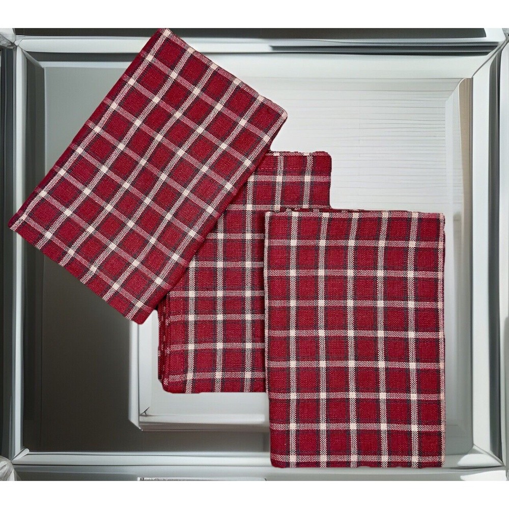 New Set Of 3 Park Imports & Design Plaid Loomed Burgundy Hand Dish Kitchen Towel